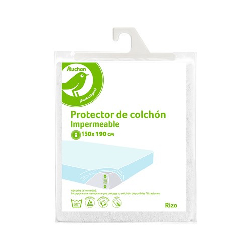 Protector colchón 150x190cm hasta 28cm de altura, rizo, de polietileno, impermeable, modelo Essential. AUCHAN