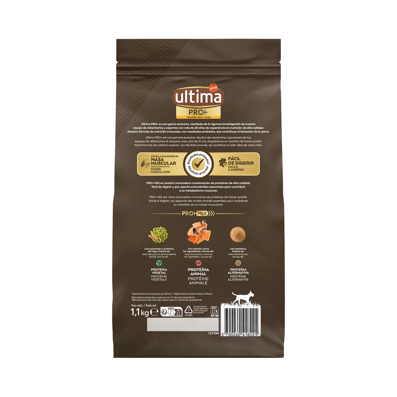 Pro + Alimenntación para perros pequeños 10 kg, con salmón, alto en proteínas y sin azúcares añadidos, 1,1 kg.