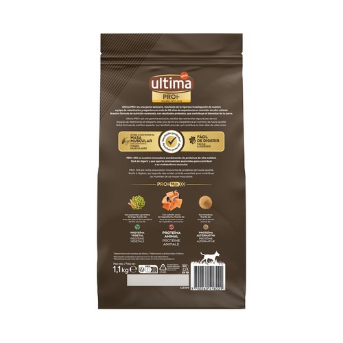 ULTIMA Pro + Alimenntación para perros pequeños 10 kg, con salmón, alto en proteínas y sin azúcares añadidos, 1,1 kg.