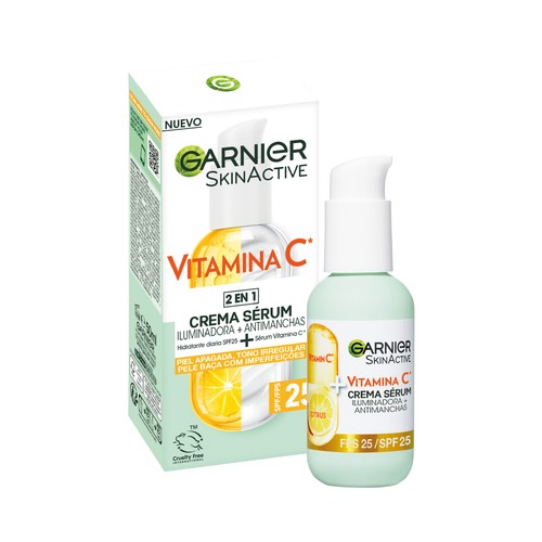 GARNIER Skin active Sérum 2 en 1 (crema hidratante + sérum), para piel apagada con tono irregular 50 ml.