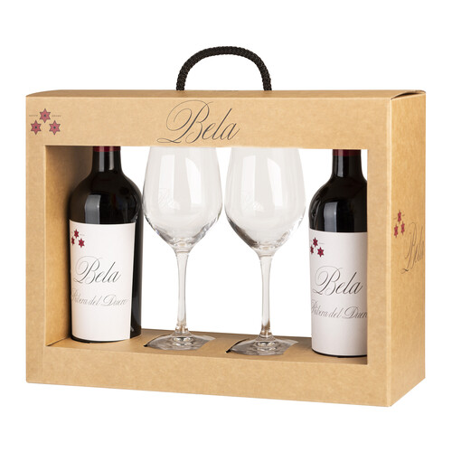 Estuche con 2 botellas de vino tinto con denominación de origen Ribera del Duero + 2 copas BELA.
