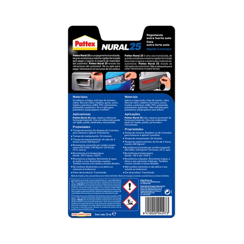 Adhesivo bicomponente y de acabado translúcido, para el automóvil PATTEX Nural 25.