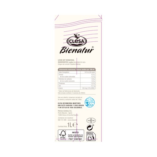 CLESA Leche de vaca desnatada de origen 100% gallega de bienestar animal Bienatur 6 x 1 l.