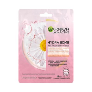 GARNIER Skin Active Mascarilla de tela Hydra Bomb, hidratante y calmante con ácido Hyalurónico y manzanilla.
