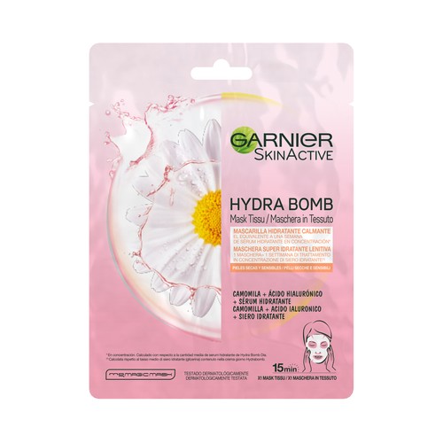GARNIER Skin Active Mascarilla de tela Hydra Bomb, hidratante y calmante con ácido Hyalurónico y manzanilla.