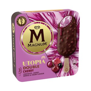 Imagen de MAGNUM Utopia doble cherry Helado de frutas del bosque, nata y salsa de guinda, recubierto chocolate con leche 3 x 85 ml.