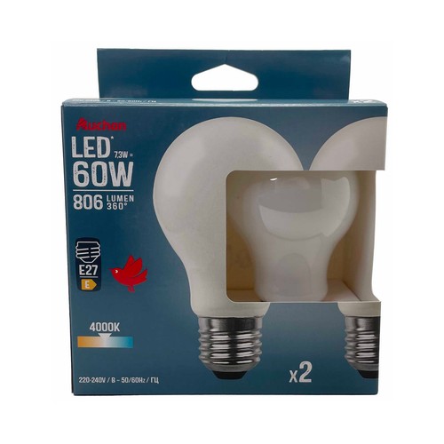 Pack de 2 bombillas Led E27, 7,3W=60W, luz blanca, 806lm, ALCAMPO.