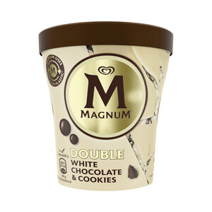 MAGNUM Tarrina de helado crema de nata con salsa de galleta al cacao, virutas de chocolate blanco y trozos de galleta MAGNUN Double 440 ml.