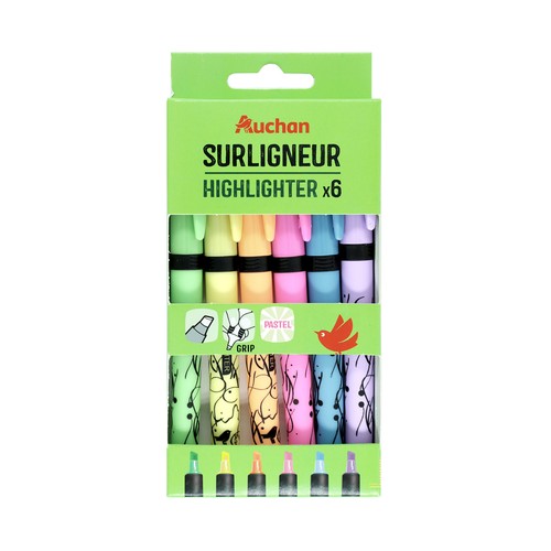 Set 6 subrayadores pastel con grip. ALCAMPO