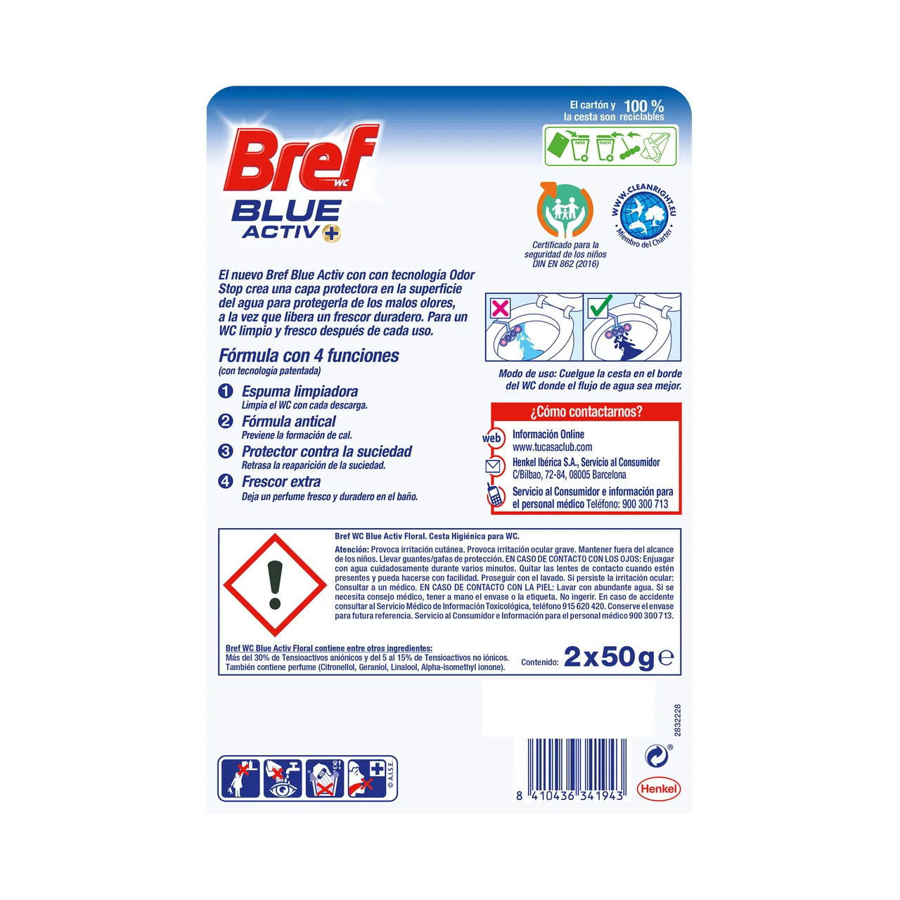 BREF Blue Activ+ Pastillas de limpieza de WC florales 2x50 g.