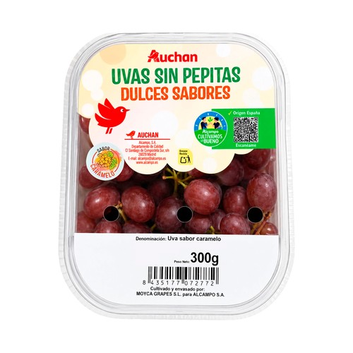 ALCAMPO CULTIVAMOS LO BUENO Uvas dulces sin pepitas con sabor a caramelo 300 g.