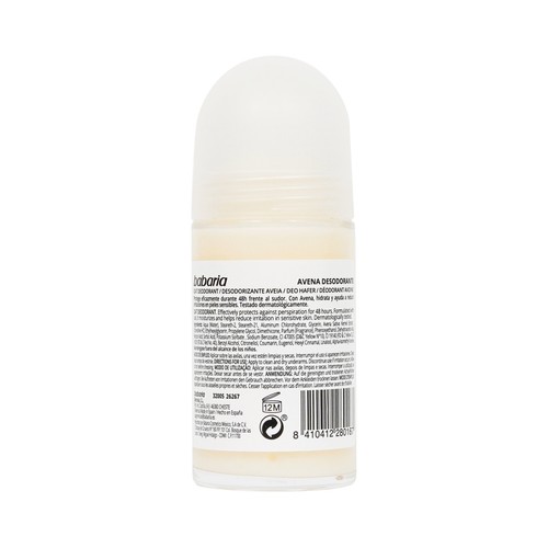 BABARIA Desodorante roll on para mujer con acción antitranspirante hasta 48 horas, para pieles sensibles BABARIA Avena 50 ml.