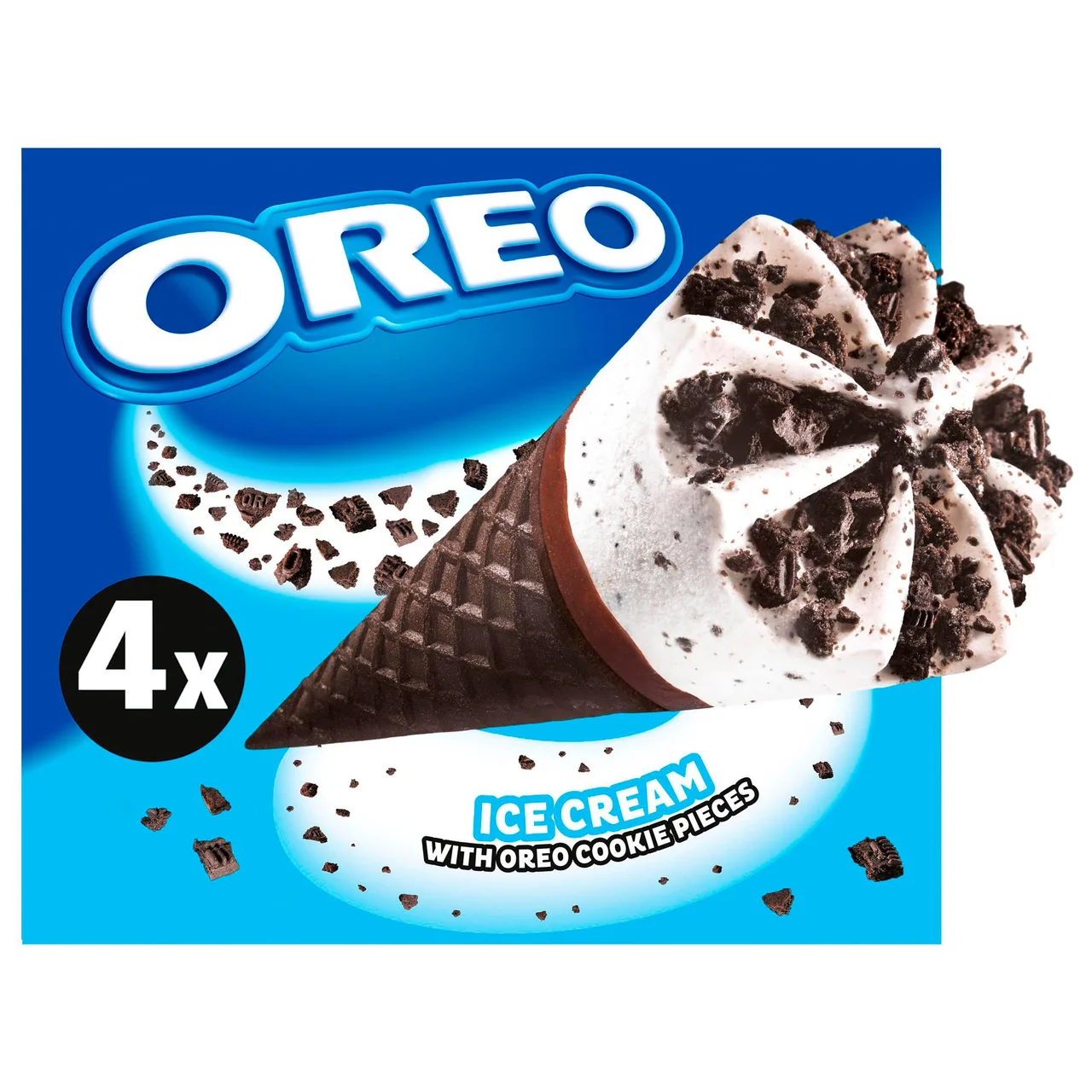 Cono con barquillo de chocolate y helado de nata con trocitos de galleta 4 x 110 ml.