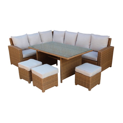 Conjunto 6 piezas con 2 sofás, 3 taburetes y mesa de aluminio y ratán color marrón/beige, incluye cojines, Estocolmo KACTUS.