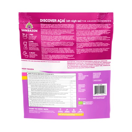 SAMBAZON Puré de Açai congelado de origen ecológico 4 x 100 ml.