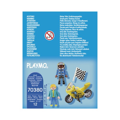 Conjunto de juego Chicos con moto de carreras con accesorios y 2 figuras, 12 piezas, PLAYMOBIL SPECIAL PLUS 70380.