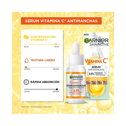 GARNIER Skin active Sérum con vitamina C con acción anti manchas oscuras 30 ml.