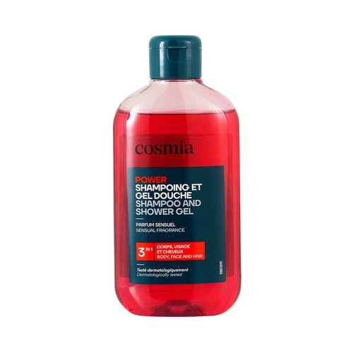 COSMIA Power Gel y champú 3 en 1 (cuerpo, cara y cabello), con perfume sensual 250 ml.