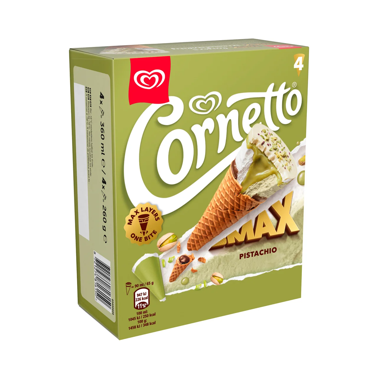 Max Cono de helado de pistacho y chocolate blanco 4 x 90 ml.