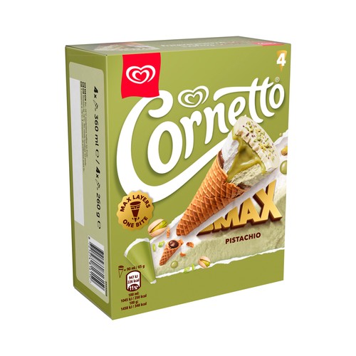 CORNETTO Max Cono de helado de pistacho y chocolate blanco 4 x 90 ml.