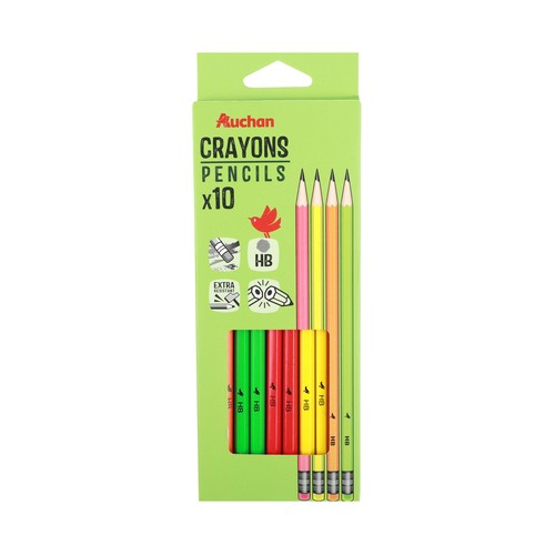 Set 10 lápices de grafito HB con goma, colores neon, ALCAMPO