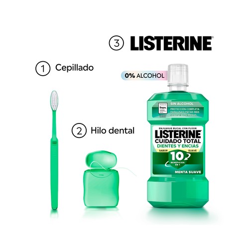 LISTERINE Enjuague bucal de uso diario, sin alcohol y con sabor a menta suave 500 ml.