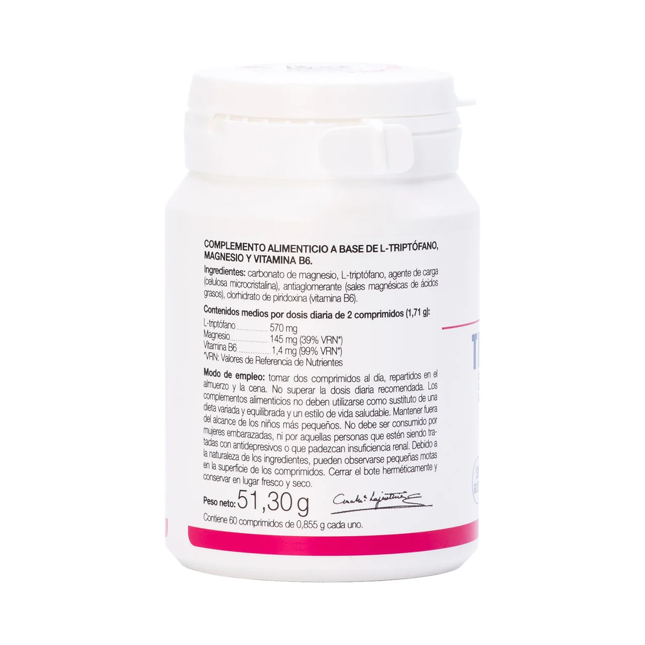 Complemento alimenticio a base de triptófano, magnesio y vitamina B6 60 comprimidos.