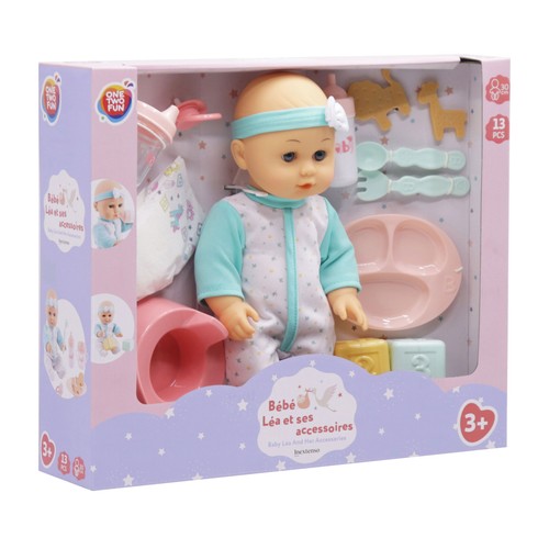 Muñeco Bebé Comiditas y Accesioros de cuidados 30 Cm 13 piezas +3 Años ONE, TWO FUN