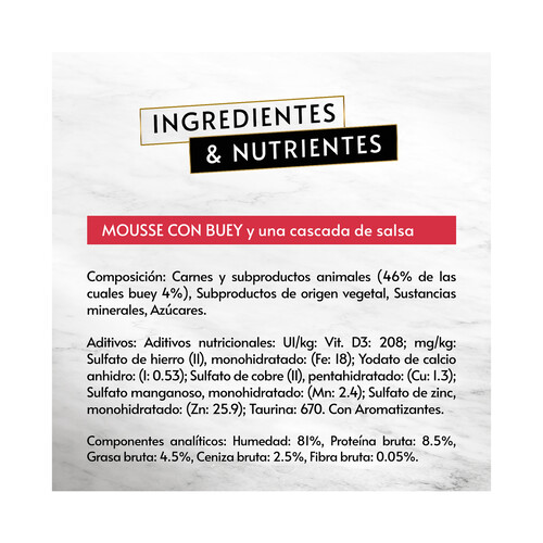 PURINA GOURMET Alimentos gatos húmedo, mousse con buey PURINA GOURMET 4 uds. x 57 g.