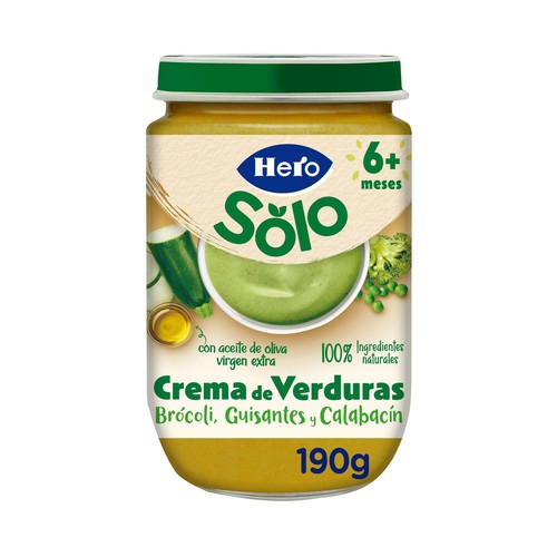 HERO Solo Tarrito de crema de verduras (brócoli, guisantes y calabacín) a partir de 6 meses 190 g.
