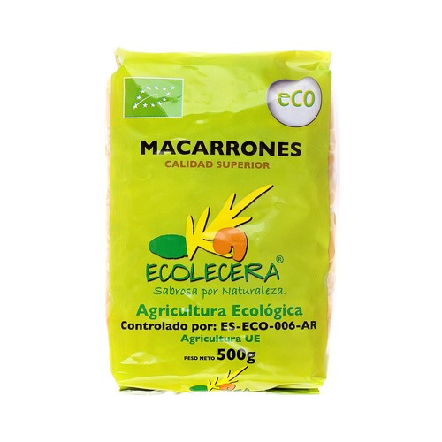 Pasta macarrones ecológicos, pasta de sémola de trigo duro de calidad superior ECOLECERA 500 g.