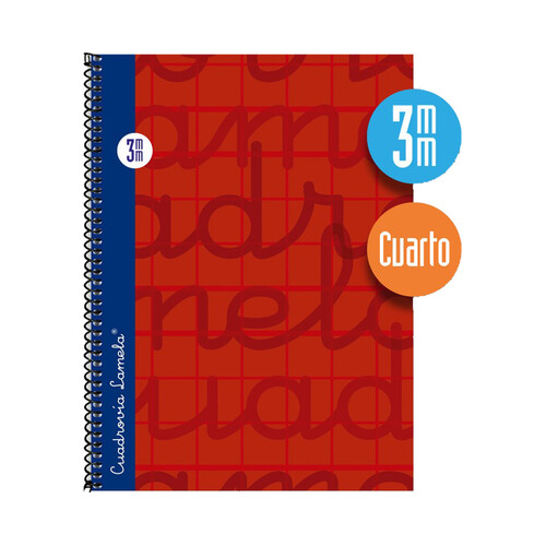 Cuaderno de espiral tamaño cuarto con 80 hojas de cuadrovía 3mm. Cubierta extra dura color rojo. EDITORIAL LAMELA.