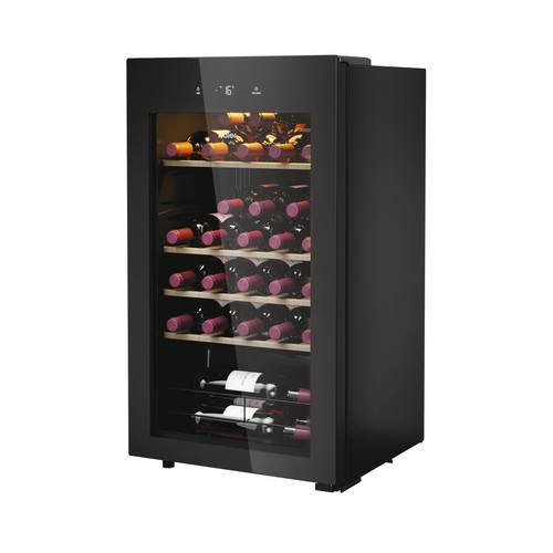 Vinoteca HAIER HWS34GGH1, color negro, 34 botellas, eficiencia energética: G, H: 85cm, A: 47,5cm, F: 45,6cm.