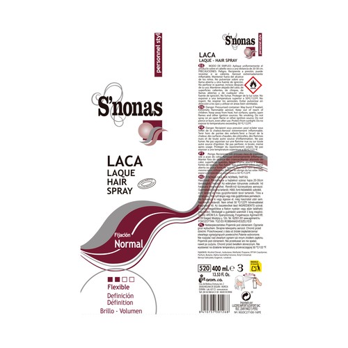 S´NONAS Laca en spray con fijación normal, efecto brillo y volumen S´NONAS 400 ml.