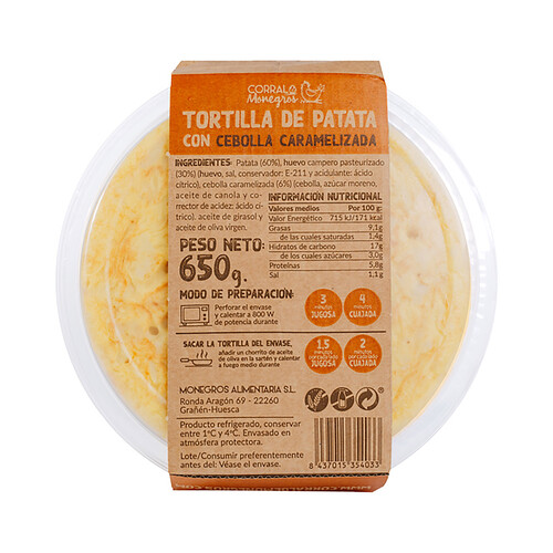 CORRAL DE MONEGROS Tortilla de patatas fresca y con cebolla CORRAL DE MONEGROS 650 g.