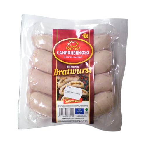 CAMPOHERMOSO Salchichas alemanas, cocidas y ahumadas tipo Bratwurst CAMPOHERMOSO 400 g.