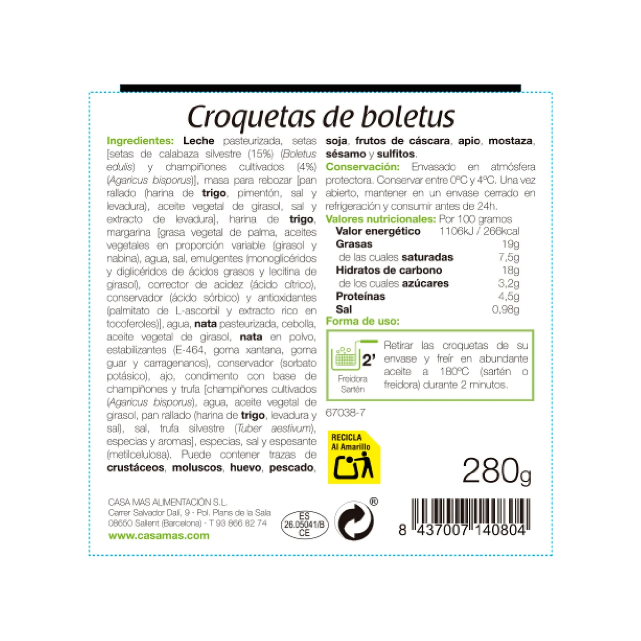CASA MAS Croquetas de boletus, listas para calentar y comer CASA MAS 280 g.