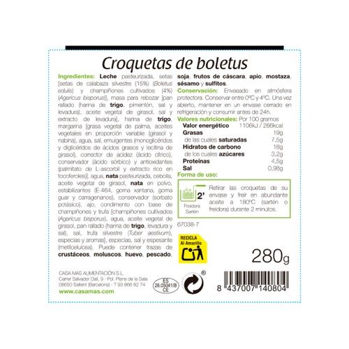 CASA MAS Croquetas de boletus, listas para calentar y comer CASA MAS 280 g.