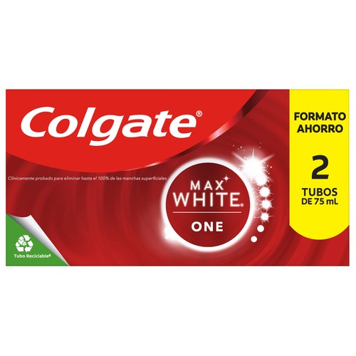 COLGATE Max white one Pasta de dientes con flúor, acción blanqueadora y sabor a menta 2 x 75 ml.