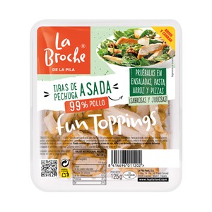 LA BROCHE Tiras de pechuga de pollo asado, ideales para ensaladas, arroces y pizzas LA BROCHE 125 g.
