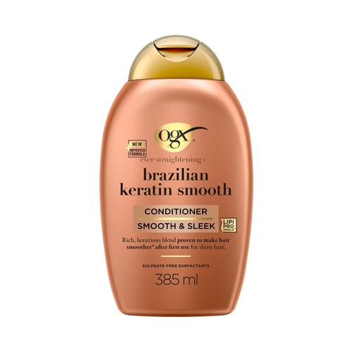 OGX Acondicionador con keratina alisante de Brasil y aceite de coco, para cabellos rizados, ondulados o encrespados 385 ml.