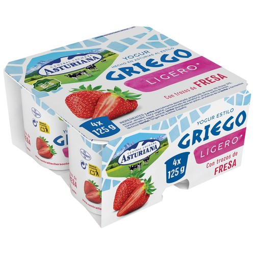 CENTRAL LECHERA ASTURIANA Yogur estilo griego ligero con trozos de fresa 4 x 125 g.