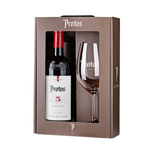 Estuche con botella de vino tinto reserva con denominación de origen Ribera del Duero PROTOS.