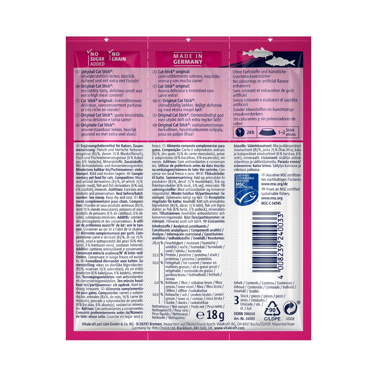 VITAKRAFT Snacks gatos, mini sticks bacalao y atún VITAKRAFT CAT STICK 3 uds 18 g.