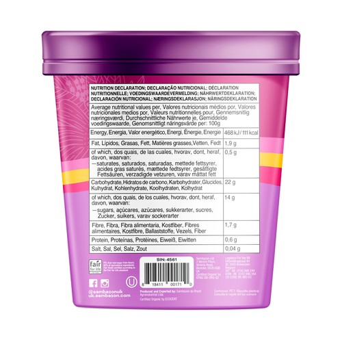 SAMBAZON Tarrina de helado de sorbete de açai de origen ecológico 500 ml.