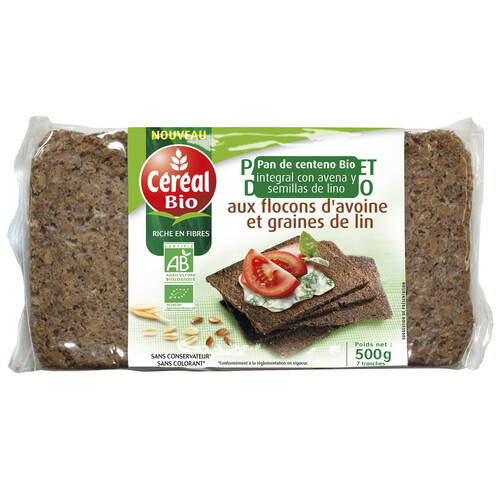 Pan de centeno ecológico integral con avena y semillas de lino CÉRÉAL BIO 500 g.