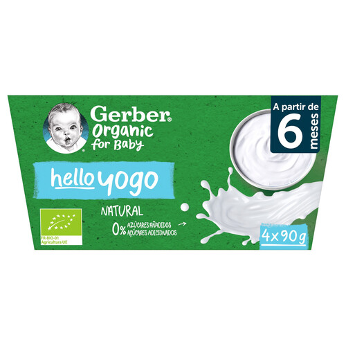 GERBER Postre lacteo infantil ecológico, sabor natural, a partir de 6 meses GERBER Organic 4 x 90 g.