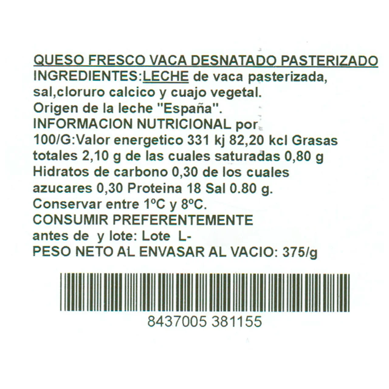SIMÓN ROMERO Queso fresco de vaca desnatado SIMÓN ROMERO 375 g.