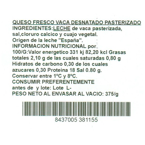 SIMÓN ROMERO Queso fresco de vaca desnatado SIMÓN ROMERO 375 g.