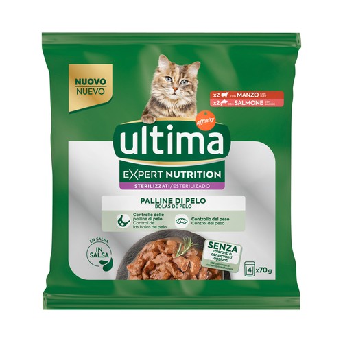 ULTIMA Expert nutrition Alimento para gatos adultos esterilizados (1-10 años) propensos desarrollo bolas de pelo 4 x 70 g.